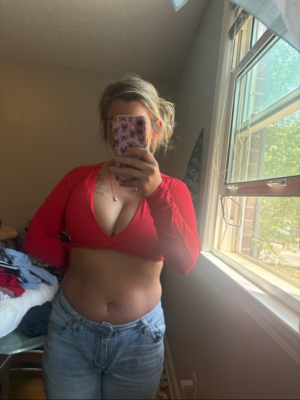 Amazon Light Blue, red, and purple long-Sleeve Wrap Crop Top - Picture 3 of 4